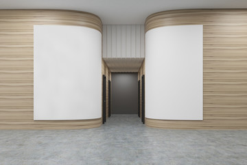Office hall with rounded wooden walls. There are two white posters on them. Rows of doors are leading to an elevator. 3d rendering. Mock up