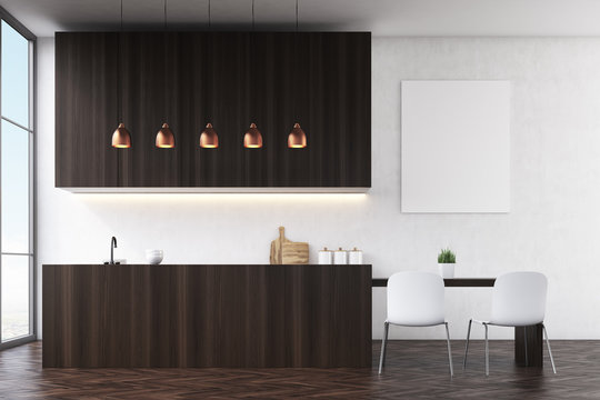 Side view of a kitchen with black walls, dark wooden furniture and white chairs near a dining table. There is a poster and large windows. 3d rendering. Mock up.