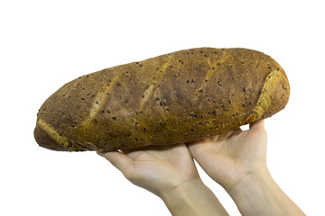 Baguette with flax seeds in female hands