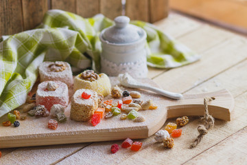 Rahat lokum with candied peels, nuts and sugar powder