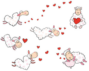 Vector set of cute flying sheep in the shape of hearts 