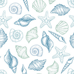 Fototapety  Hand drawn vector illustrations - seamless pattern of seashells.  Marine background. Perfect for invitations, greeting cards, posters, prints, banners, flyers etc