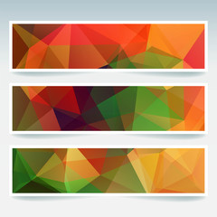 Set of banner templates with abstract background. Modern vector banners with polygonal background. Green, red, orange colors.