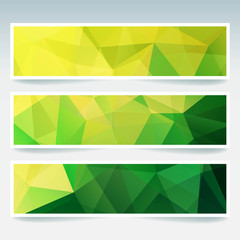Horizontal banners set with polygonal triangles. Polygon background, vector illustration. Yellow, green colors.