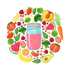 Template design banners, brochures, flyers smoothie. Design poster with smoothie jar and and ingredients. Decoration with fruits, vegetables and herbs. Vector