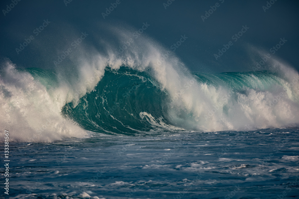 Wall mural huge waves crashing in ocean. seascape environment background. water texture with foam and splashes.