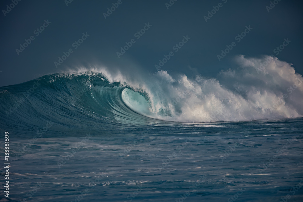Wall mural huge waves crashing in ocean. seascape environment background. water texture with foam and splashes.