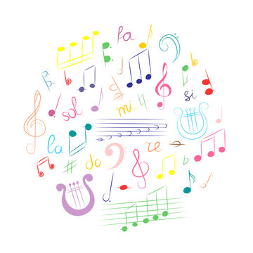 Colorful Hand Drawn Set of  Music Symbols.  Doodle Treble Clef, Bass Clef, Notes and Lyre Arranged in a Circle. Vector Illustration.