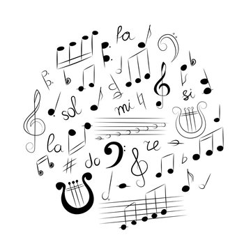 Hand Drawn Set of  Music Symbols.  Doodle Treble Clef, Bass Clef, Notes and Lyre Arranged in a Cirlce. Vector Illustration.