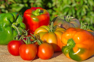 Harvest vegetables on a wooden stump