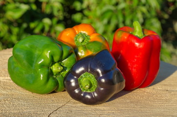 Bell peppers of different colors on wooden stump