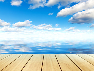 Sea water, blue sky, clouds, wooden plank table or pier