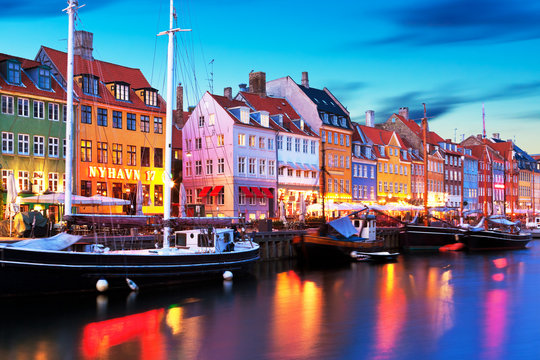 Evening scenery of Nyhavn in Copenhagen, Denmark