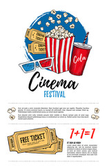 Fototapeta premium Hand drawn vector illustration - Cinema festival. Movie and film elements in sketch style. Ready-to-use design template. Perfect for invitations, cards, posters, banners, flyers etc