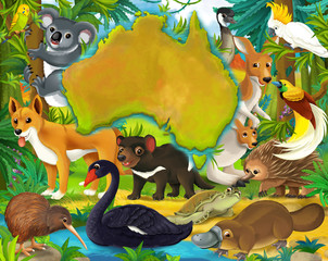 Cartoon australian animals - continent map - frame for title - illustration for children