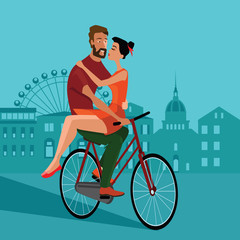 vector illustration of love couple on a bicycle on city background