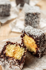 Australian Lamington cake on wooden table