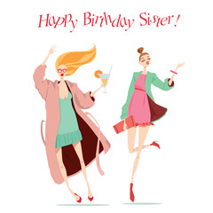 Happy Birthday card with fashionable girls