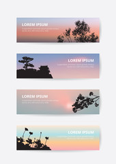 Japanese landscape sunset sky banner, castle and sakura silhouette bookmark, cherry blossom and pine tree view background, vintage card template, ready to print with demo text box