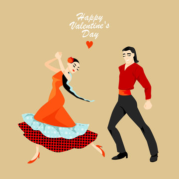 Romantic illustration of a loving couple dancing flamenco