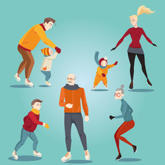 Happy family skating. Set of cartoon illustrations