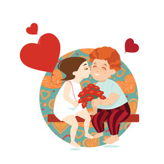 Vector illustration of a boy gives a flowers to girl on Valentine's Day