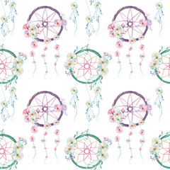 Naadloos patroon met bloemendromenvangers, hand getrokken geïsoleerd in waterverf op een witte achtergrond
