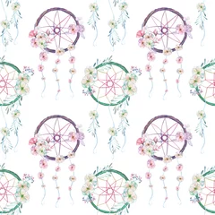 Wall murals Dream catcher Seamless pattern with floral dreamcatchers, hand drawn isolated in watercolor on a white background