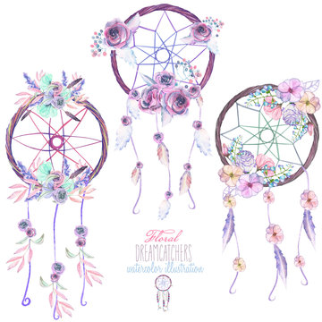 Illustration with floral dreamcatchers, hand drawn isolated in watercolor on a white background