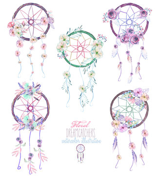 Illustration with floral dream catchers, hand drawn isolated in watercolor on a white background