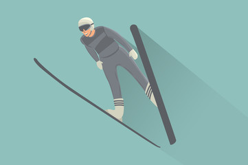 Ski jumping man. Cartoon character. flat design