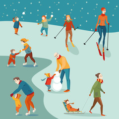 Set of Illustrations, winter activities, parents and children
