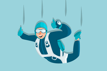 Sky diving cartoon sportsman. Comic character