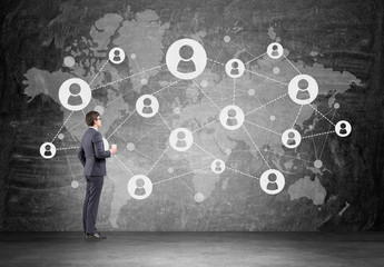 man, network and world map