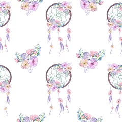 Fototapete Traumfänger Nahtloses Muster mit floralen Traumfängern, handgezeichnet isoliert in Aquarell auf weißem Hintergrund