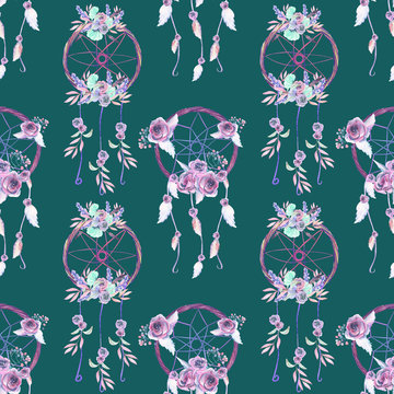 Seamless pattern with floral dreamcatchers, hand drawn isolated in watercolor on a dark green background