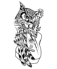 Owl with guitar, vector hand drawn ink pen illustration, tattoo.
