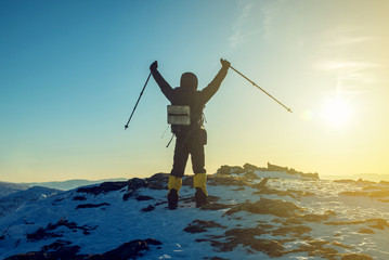 man hikers tourist celebrating success standing on top, at peak