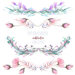 Set with isolated frame borders, floral decorative ornaments with watercolor flowers, hand drawn on a white background for a wedding or other decoration