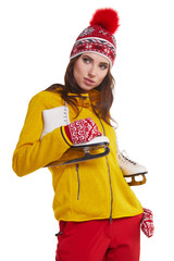 Full isolated studio picture from a young woman with ice skate