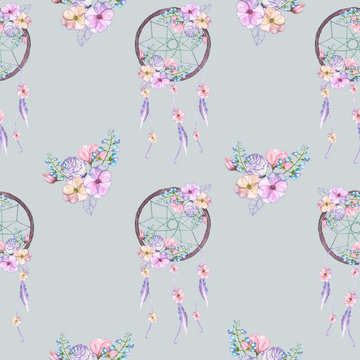 Seamless pattern with floral dreamcatchers, hand drawn isolated in watercolor on a grey background