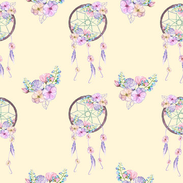Seamless pattern with floral dreamcatchers, hand drawn isolated in watercolor on a cream background