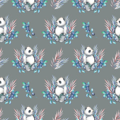 Seamless pattern with watercolor panda, blueberry and plants, hand drawn on a grey background