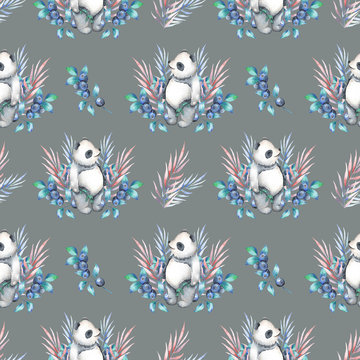 Seamless pattern with watercolor panda, blueberry and plants, hand drawn on a grey background