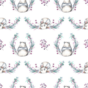 Seamless pattern with watercolor panda, berries and plants, hand drawn on a white background