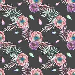 Tuinposter Seamless pattern with the watercolor anemone flowers and branches, hand drawn on a dark background © nastyasklyarova
