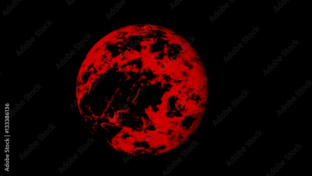 Wall mural Mysterious red planet rotating in an starry Space. Cosmos fire blazing planets. 3D animation on space theme. 