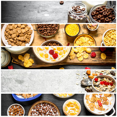 Food collage of cereal and corn flakes.