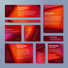 Vector banners set with polygonal abstract triangles. Abstract polygonal low poly banners. Red, orange colors.