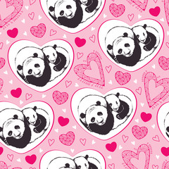 Vector seamless pattern with sleeping panda couple in love and ornate hearts on the pink background. Design elements and holiday symbols in contour style for Valentine day. Romantic background.